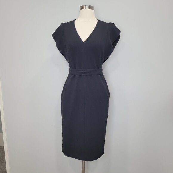 Eliza J Black Sheath Dress Flutter Sleeve Knee Length V-Neck Belted Business 2 - Picture 3 of 14